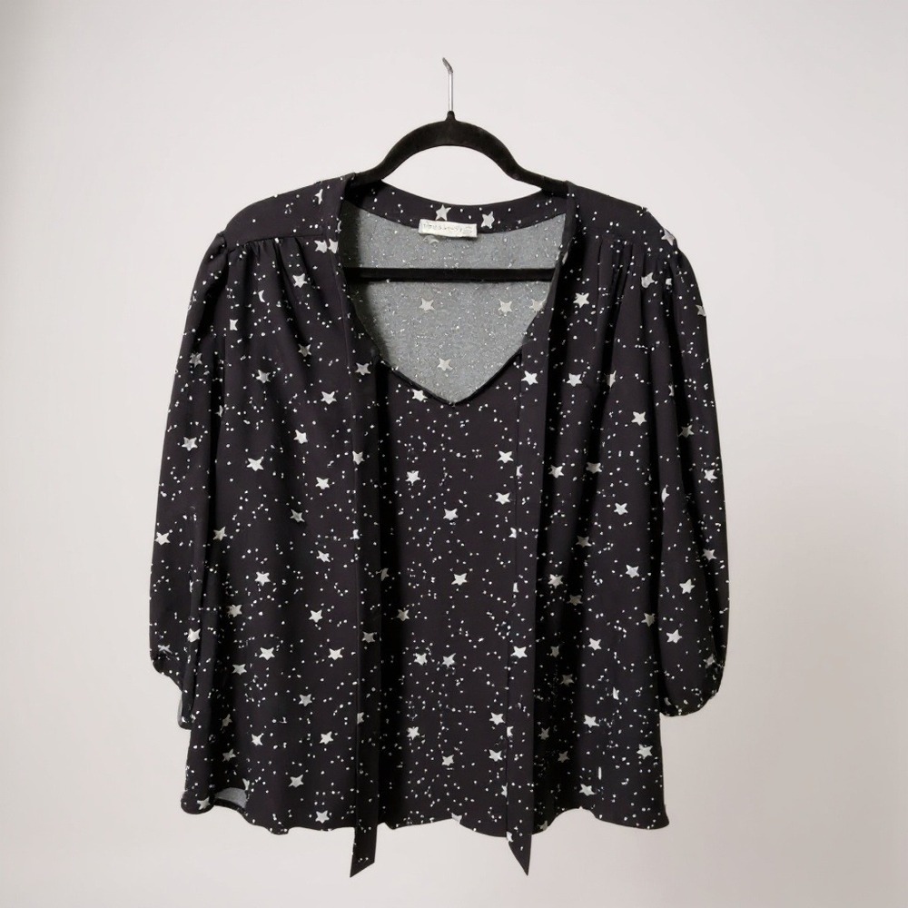 Retrology Blouse Star Print Black Celestial Tie Neck 2X Whimsigoth Galaxy Top